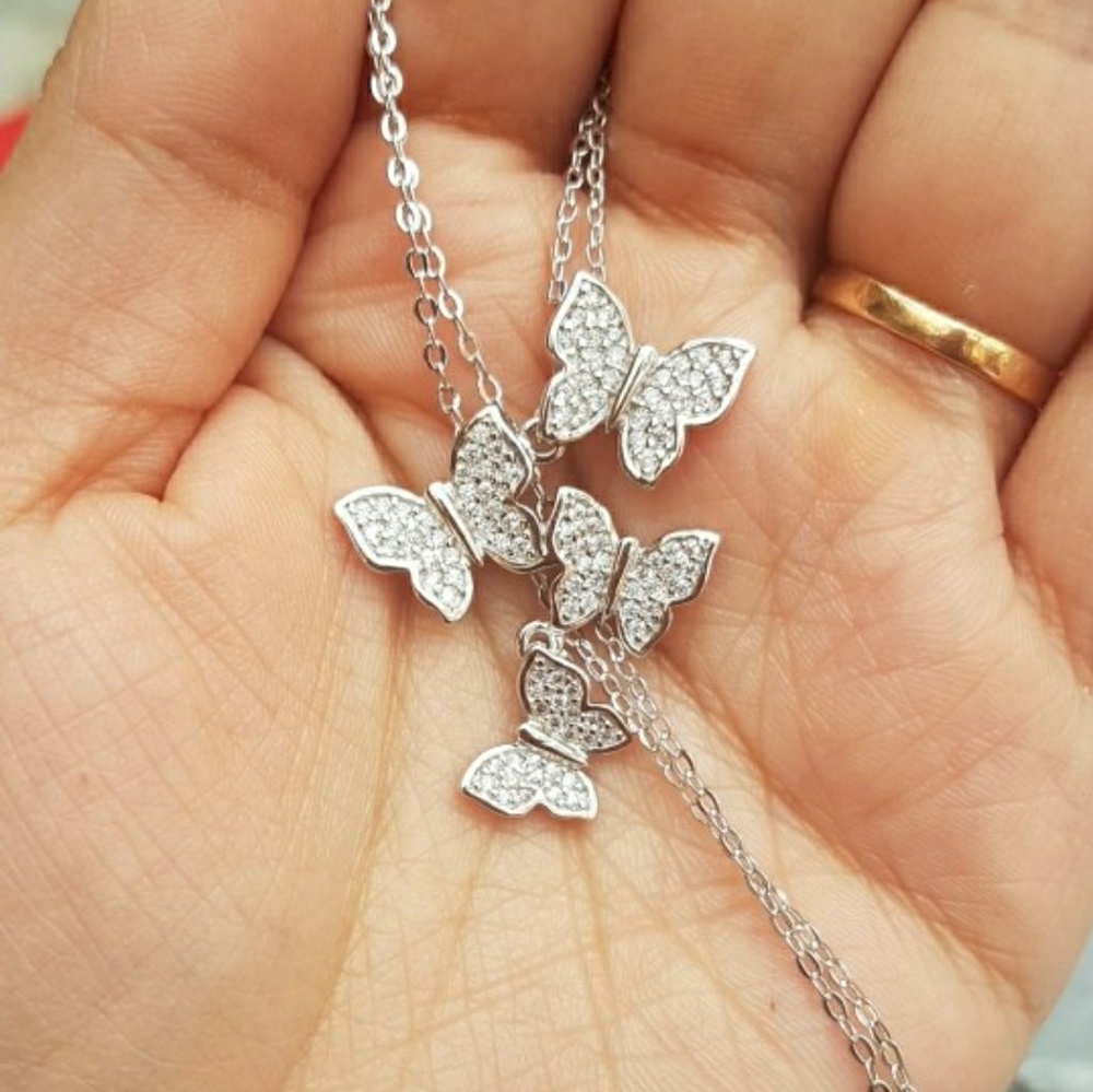 925 Sterling Silver Pave CZ Butterfly Cluster Necklace Layering Jewelry